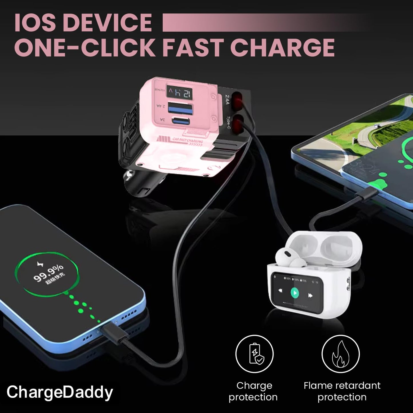 ChargeDaddy 4-in-1 Retractable Car Charger, 120W Fast Charging, USB & Type-C Ports, Pink
