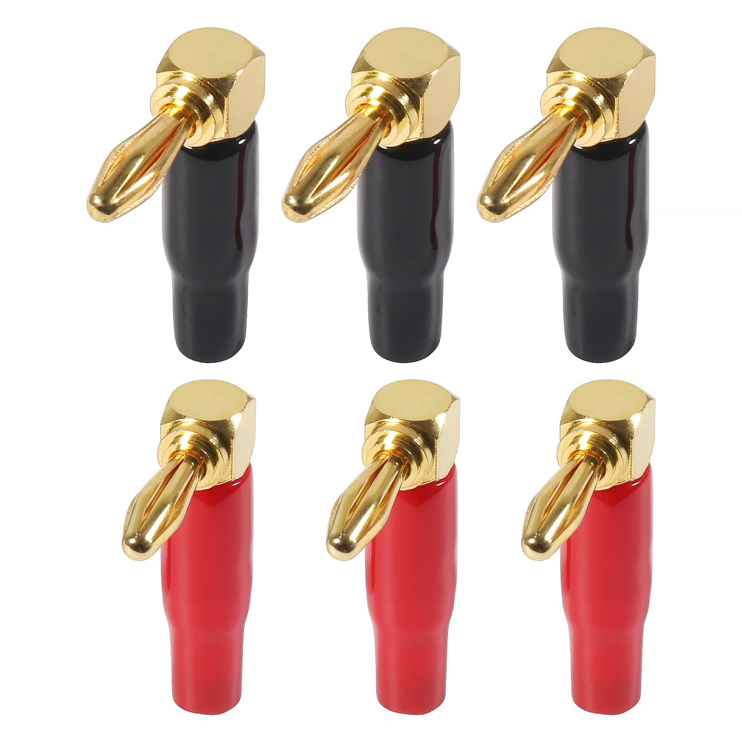 6pcs Right Angle Banana Plugs for Speaker Wire 4mm/0.16inch 90 Degree Right Angle Speaker Cable Connector (3 Red +3 Black)