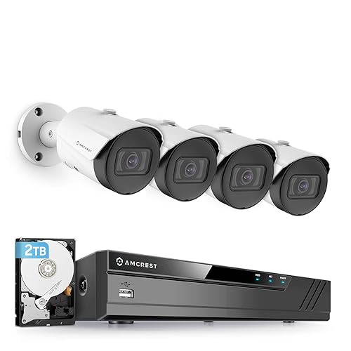 Amcrest 5MP Security Camera System, 4K 8CH PoE NVR, (4) x 5-Megapixel 2.8mm Wide Angle Lens Weatherproof Metal Bullet POE IP Cameras, Pre-Installed