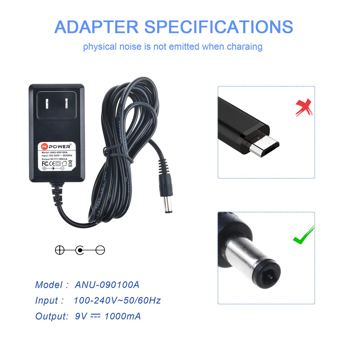 PKPOWER 9V 1A Guitar Pedal Power Supply, AC DC Adapter 5.5mm x 2.5mm Tip Negative Center for Skyline Series and Ampero Mini Stomp, Effects Pedal…