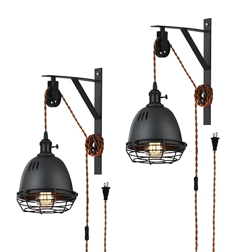 SEEBLEN Vintage Design Industrial Wheel Farmhouse Wall Mount Set of 2,Pulley Wall Pendant Lamp with 7-Foot Brown Plug and Switch, Adjustable Wall