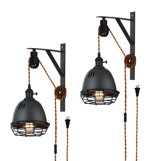 SEEBLEN Vintage Design Industrial Wheel Farmhouse Wall Mount Set of 2,Pulley Wall Pendant Lamp with 7-Foot Brown Plug and Switch, Adjustable Wall