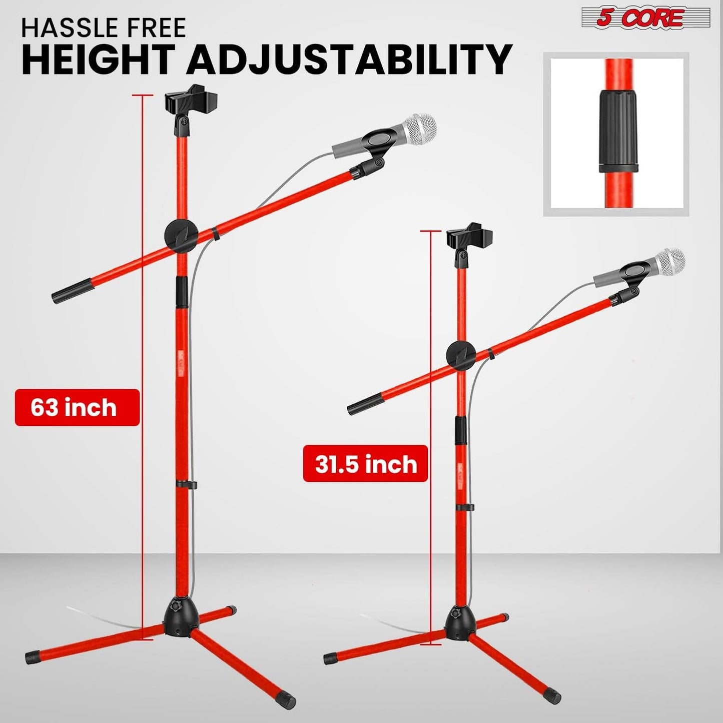 5 Core Tripod Mic Stand Floor Adjustable Sturdy Boom Arm Holder Microphone Stands Pedestal Para Microfono for Singing (Double Mic Stand Red)