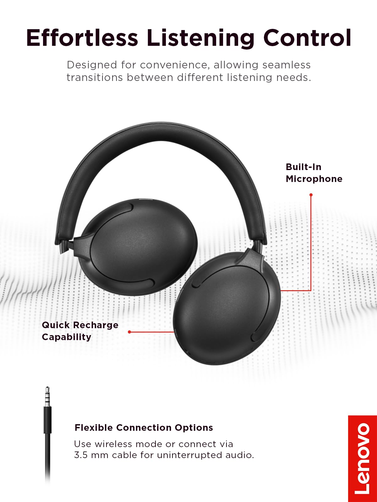 Lenovo Wireless Headphone 2000 Over Ear Bluetooth Headphones with 40 mm Drivers, Up to 110 Hours Battery Life, Wired & Wireless Use, Fast Charge