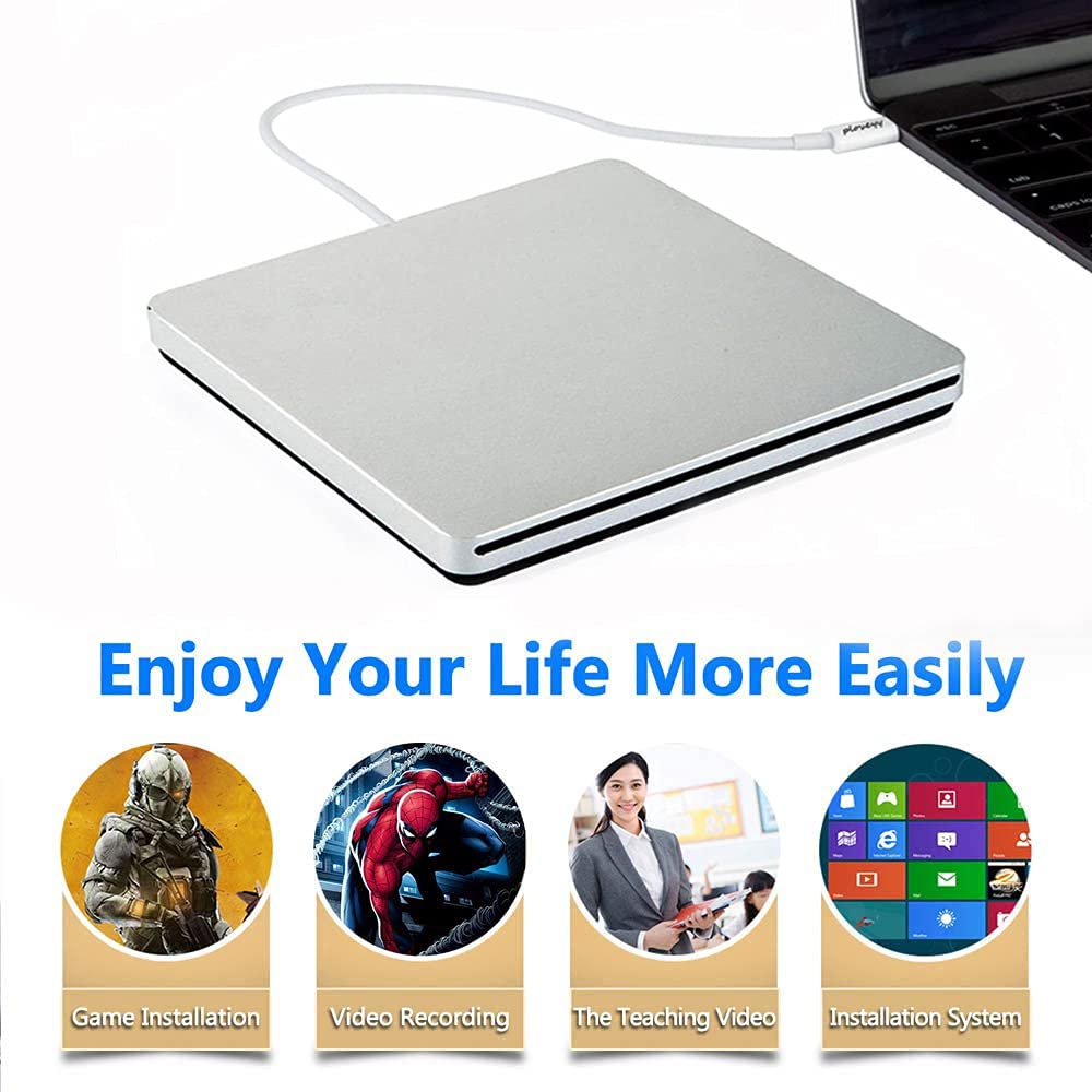 Ploveyy External CD DVD Drive USB-C Superdrive Portabl CD/DVD ROM Optical Drive Player Reader Writer Burner for MacBook Pro Windows 10 Laptop Desktop