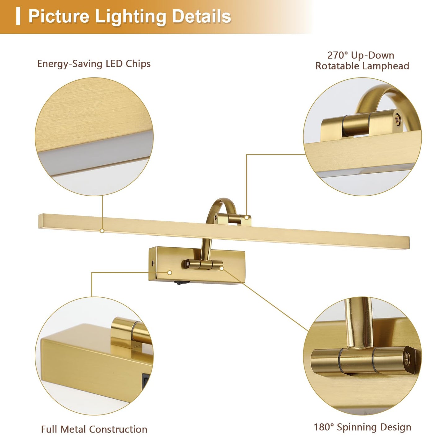 Wireless Picture Lights for Wall Battery Operated, Brass Art Lighting for Paintings Rechargeable Gallery lights with Remote and Timer 3CCT Dimmable
