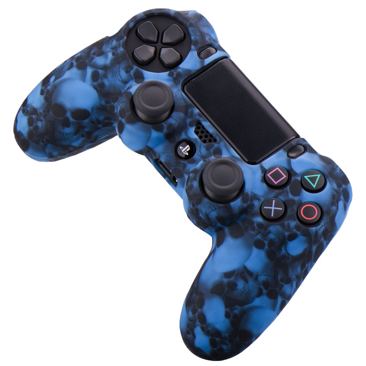 YoRHa Water Transfer Printing Skull Silicone Cover Skin Case for Sony PS4/slim/Pro Dualshock 4 Controller x 1(Blue) with Pro Thumb Grips x 8