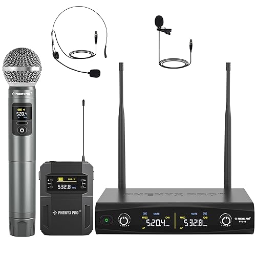 Phenyx Pro Wireless Microphone System,Metal Wireless Mic Set w/Handheld/Bodypack/Headset/Lapel Mics,2 x 30 UHF Frequencies, 200 ft Range, Cordless Mic