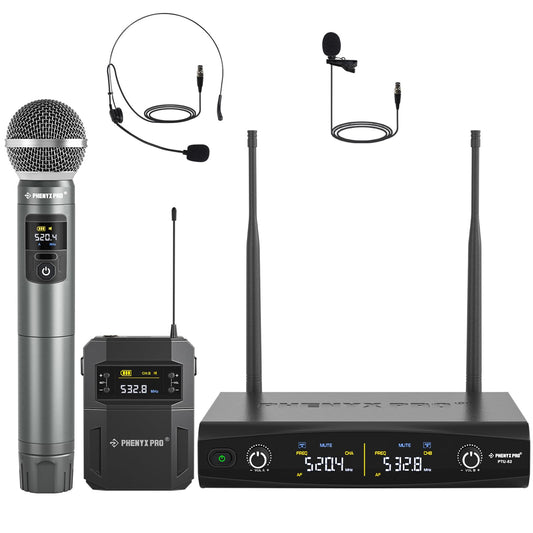 Phenyx Pro Wireless Microphone System,Metal Wireless Mic Set w/Handheld/Bodypack/Headset/Lapel Mics,2 x 30 UHF Frequencies, 200 ft Range, Cordless Mic
