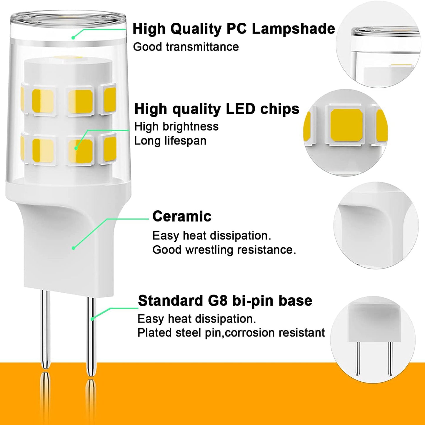 Fglyniy G8 LED Bulb 3W Equivalent to 15W-20W G8 Halogen Bulbs, T4 JCD Type Bi-Pin G8 Base, G8 Bulb 6000K Daylight White, 120V AC, Energy Efficient