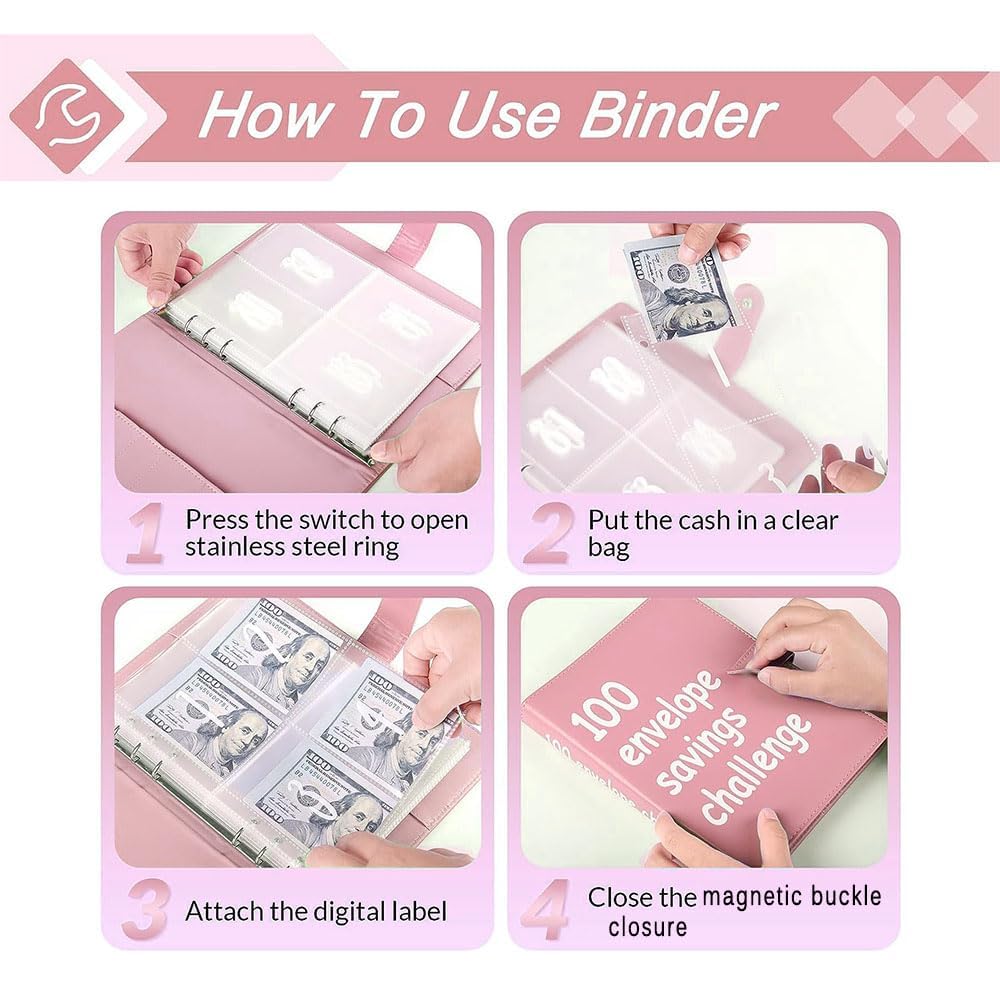 AASLOB 100 Envelopes Money Saving Challenge, 100 Envelope Challenge Binder, Easy and Fun Way to Save $5,050, Savings Challenges Budget Book Binder