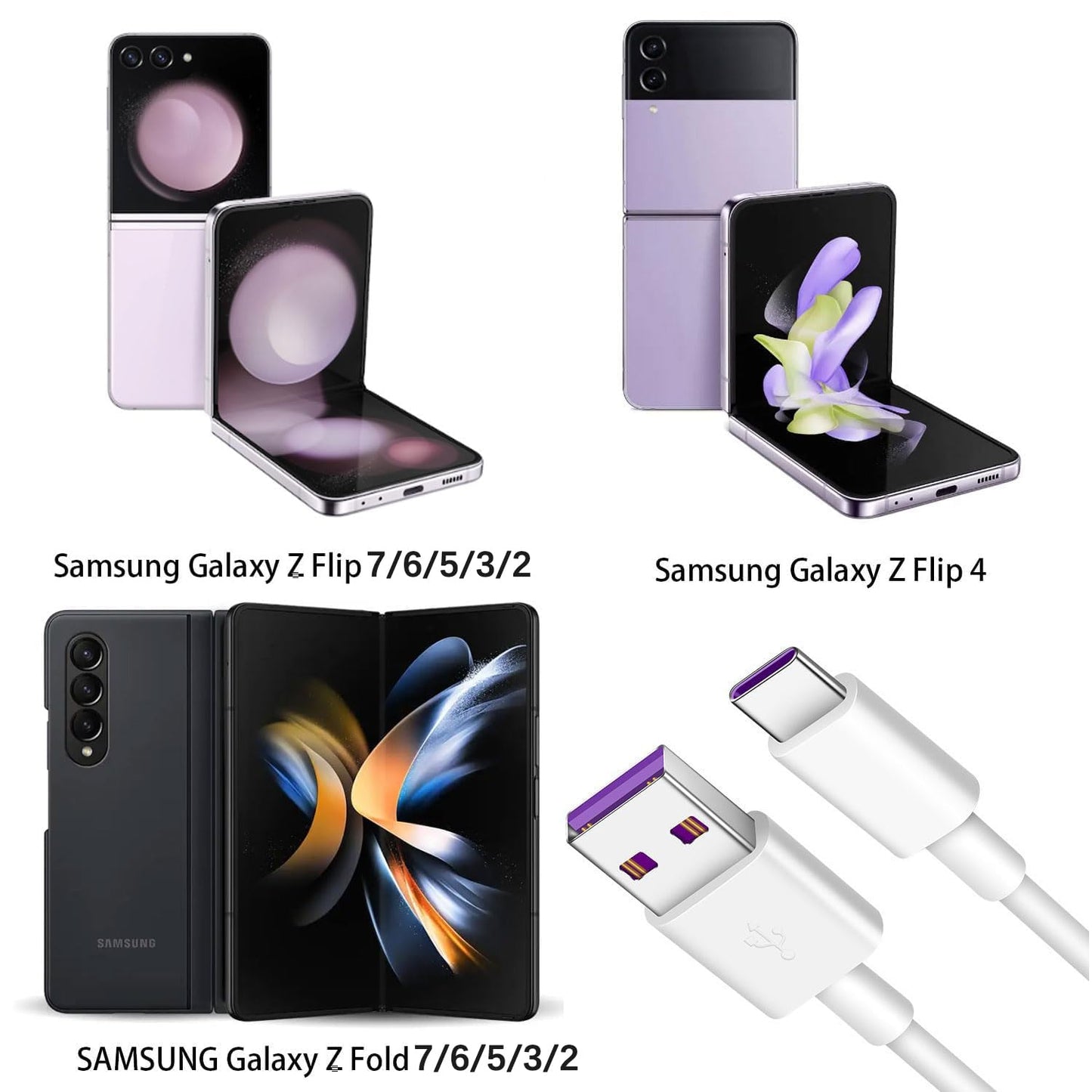 USB C Charger Cable for Samsung Galaxy Z Flip 7, 7FE, 6, 5, 4, 3, 2, Samsung Galaxy Z Fold 7, 6, 5, 4, 3, 2 Android Phone Car Power Charging Cord