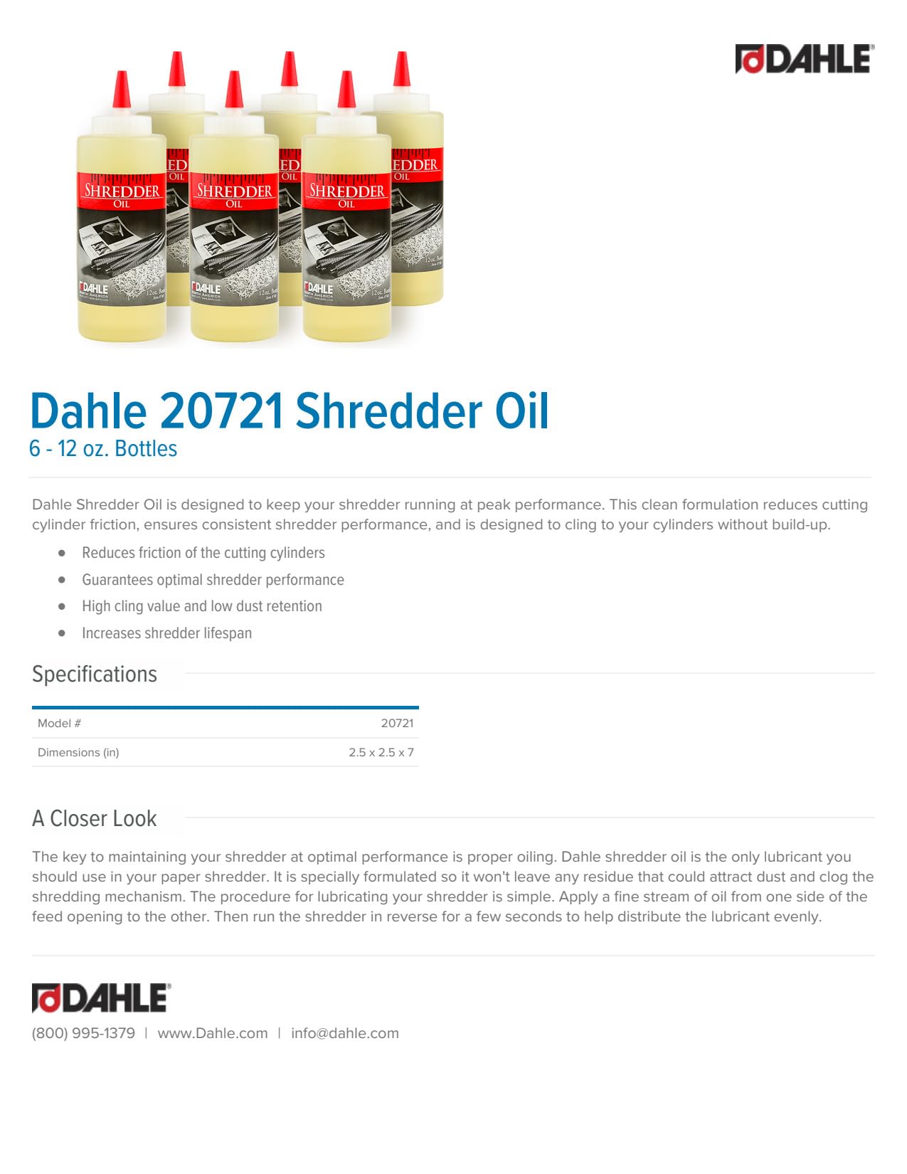 Dahle Shredder Oil Reduces Friction and Optimizes Performance in Paper Shredders, For Use In All Shredders, 6 - 12 oz. Bottles