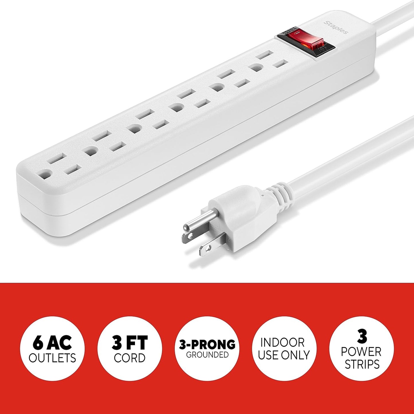 Staples TECH 6?Outlet Power Strip - 3 ft. Extension Cord for Home, Office & Dorm Room Use, White, 3?Pack