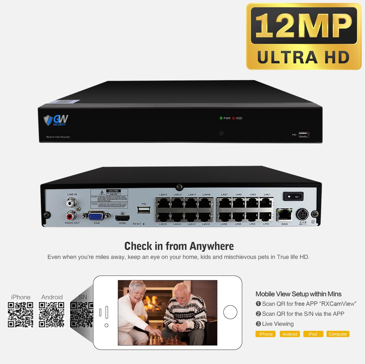 GW 4K Outdoor/Indoor Face Recognition/Human/Vehicle Detection AI Security Camera System, 16 Channel 12MP PoE NVR, 16 x 4K UltraHD Smart AI IP