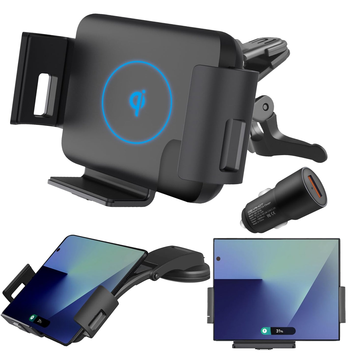 DearHot 15W Qi Wireless Car Charger Mount Holder Compatible for Samsung Galaxy Z Fold7 Fold6 Fold5 Fold4 Fold3 Fold2 Fold 4.3in-6.9in Phone Auto Clamp