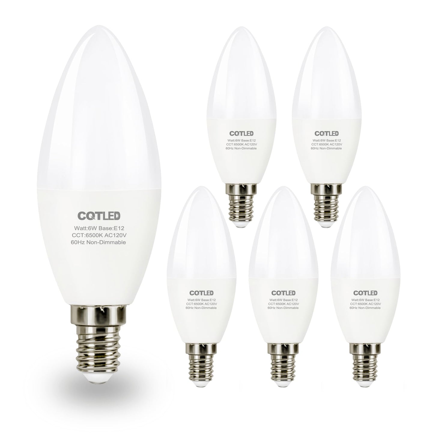 CQTLED E12 LED Candelabra Light Bulbs,60 Watt Equivalent,600LM,6W Daylight White 6500K,Type B Shape Light Bulb,Non-Dimmable B11 & C37 Small Base led