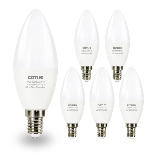 CQTLED E12 LED Candelabra Light Bulbs,60 Watt Equivalent,600LM,6W Daylight White 6500K,Type B Shape Light Bulb,Non-Dimmable B11 & C37 Small Base led