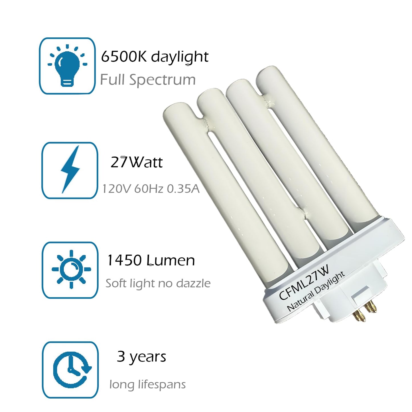 Cemlorot CFML27VLX Full Spectrum Fluorescent Bulb, 6500K Natural Daylight Replacement for Verilux 27W Desk & Floor Lamps Light,GX10Q-4 4 Pin Base in