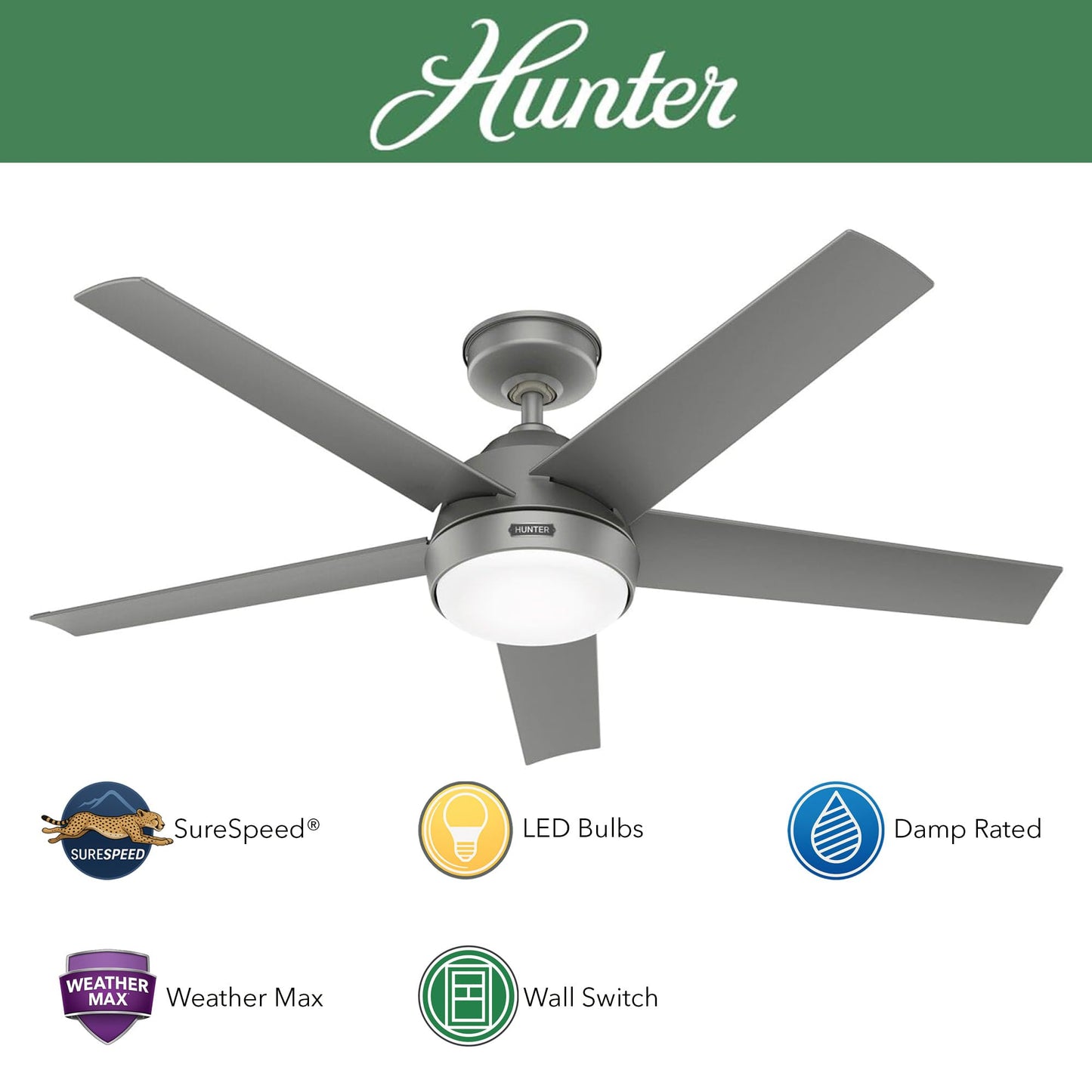Hunter Fan 52 Inch Matte Silver Indoor/Outdoor Ceiling Fan with Lights for Farmhouse, Patio, Bedroom, Living Room, Office, Basement, Kitchen
