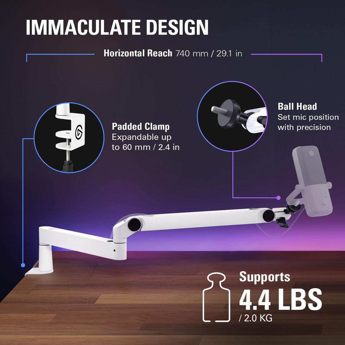 Elgato Wave Mic Arm LP White - Premium Low Profile Microphone Arm with Cable Management, Desk Clamp, Versatile Mounting and Fully Adjustable, perfect