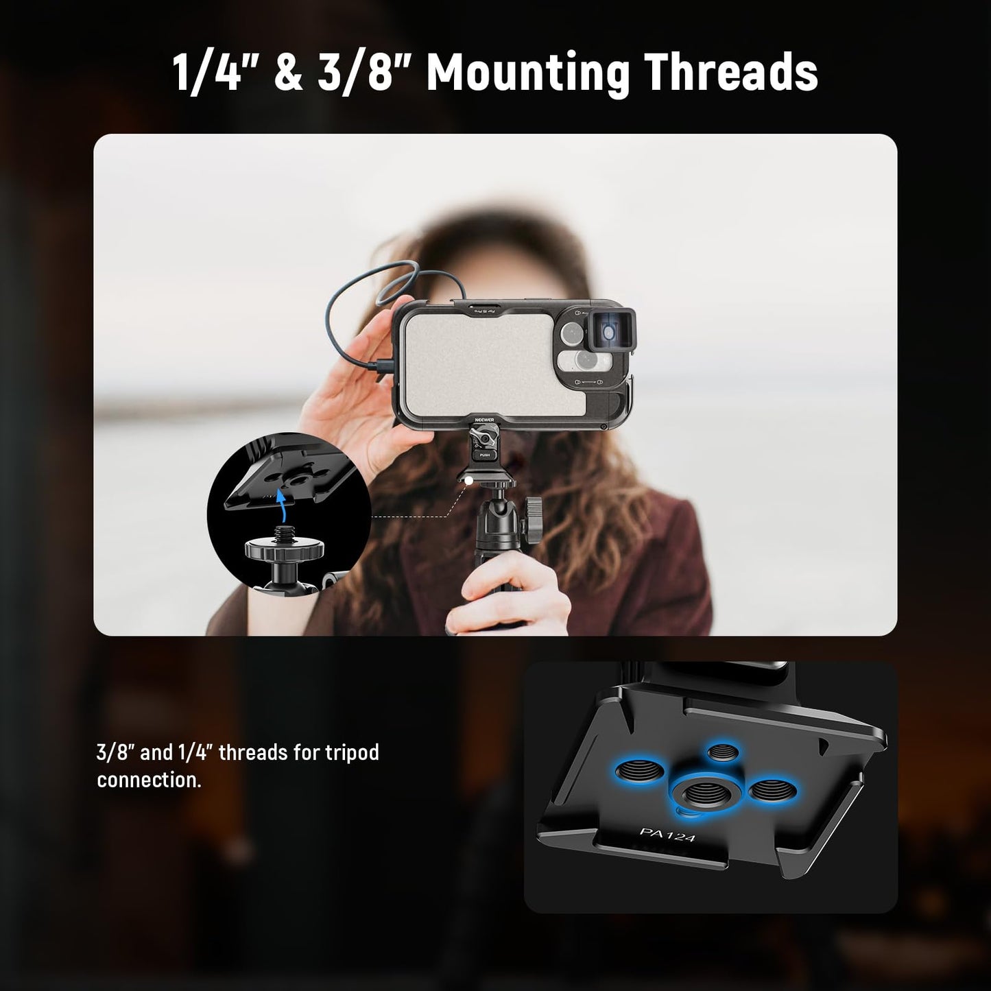 NEEWER Phone Tripod Mount with Arca Type Base, 1/4" Threads, Quick Release Clamp Compatible with iPhone 16 Pro Max S25 Ultra Phone Cage DJI RS4 Mini