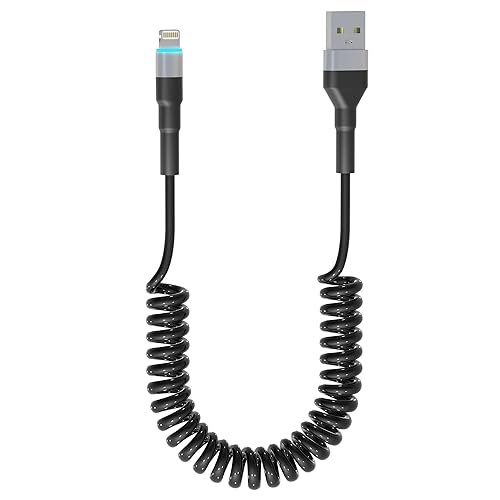 Coiled Lightning Cable Apple Carplay Compatible [Apple MFi Certified] Short USB to Lightning Apple Carplay Cable with Data Sync and LED, Retractable…