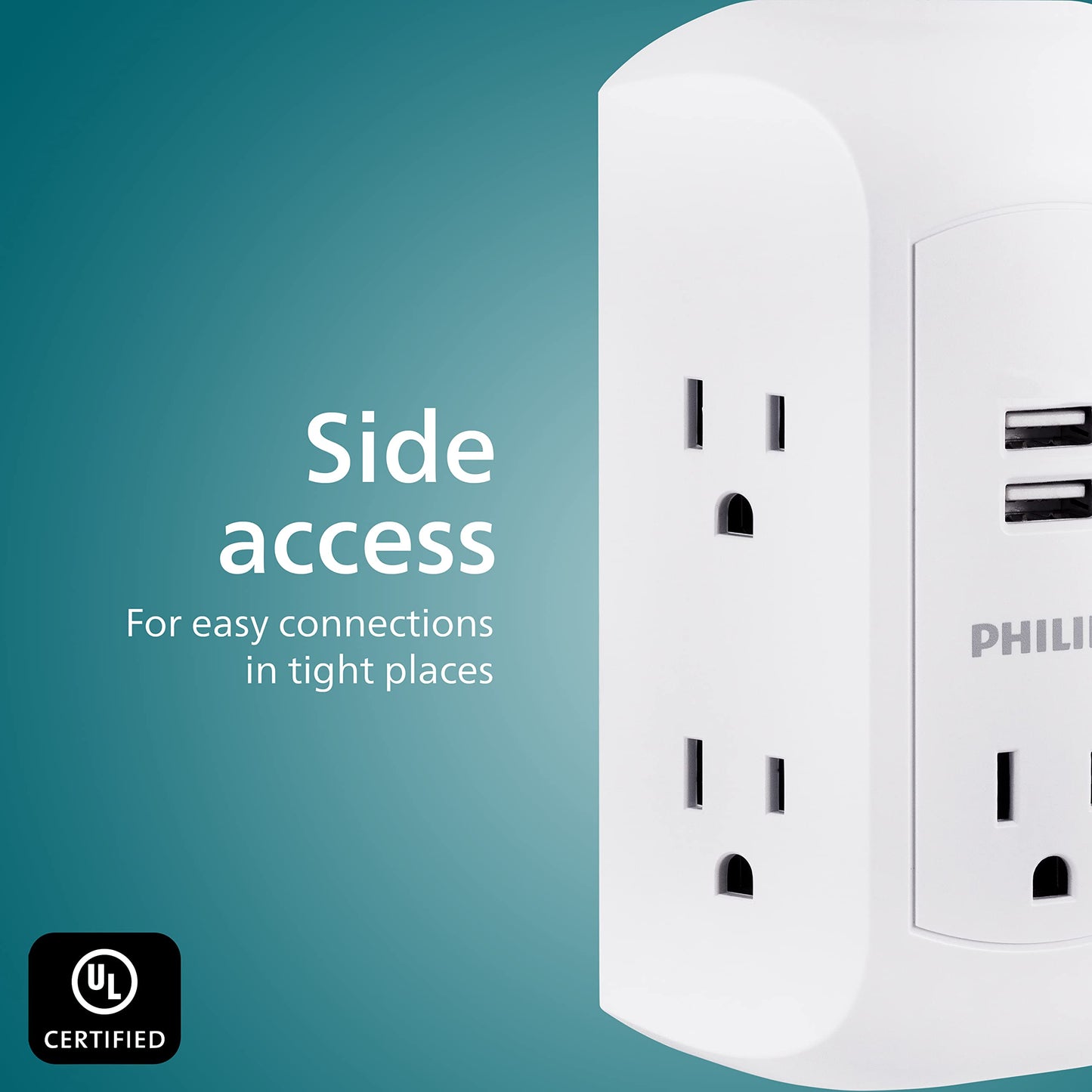 Philips 5-Outlet Extender, Grounded Wall Tap, 3-Prong, 2 USB-A, Surge Protector, Adapter Spaced Outlets, Side Access, 560 Joules, Quick and Easy