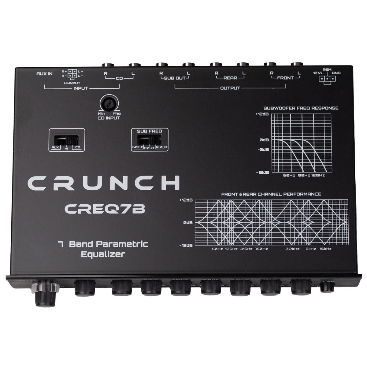 Crunch CREQ7B 7-Band Car Audio Parametric Equalizer with 9-Volt Line Driver, Subwoofer Control, and Dual Aux Inputs, ½ DIN ISO Mount