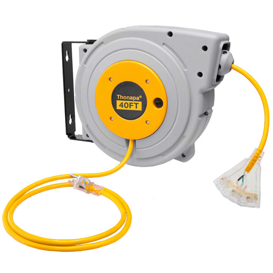 Thonapa 40 ft Retractable Heavy Duty Extension Cord Reel 3 Outlets - 12 Gauge Heavy Duty Yellow Power Cable with Multiple Outlets 15 Amp SJTW