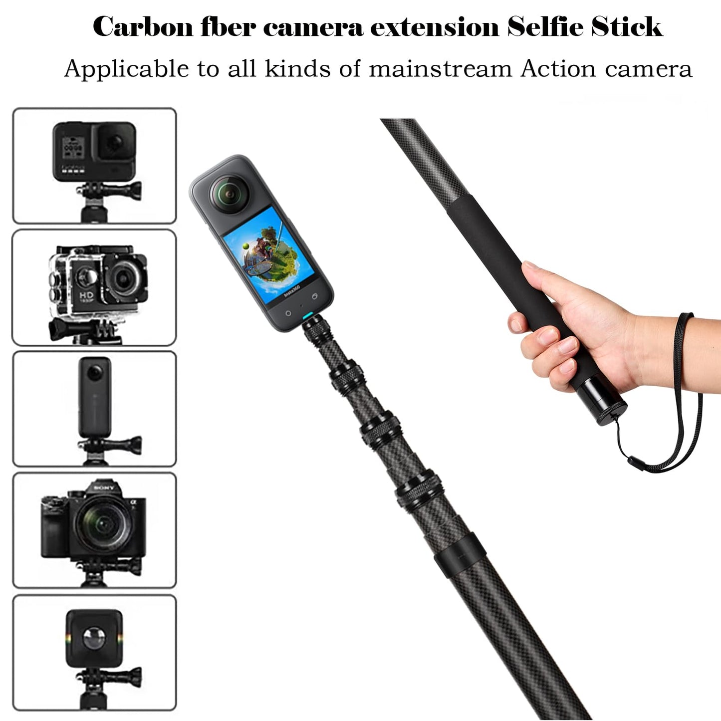 17-118"/3.0m Carbon Fiber Invisible Selfie Stick 9.8ft Extended Super Long Pole for Insta360 X5/X4 Insta 360 X3 ONE X2, ONE R, ONE X, ONE GO 3S 3 2