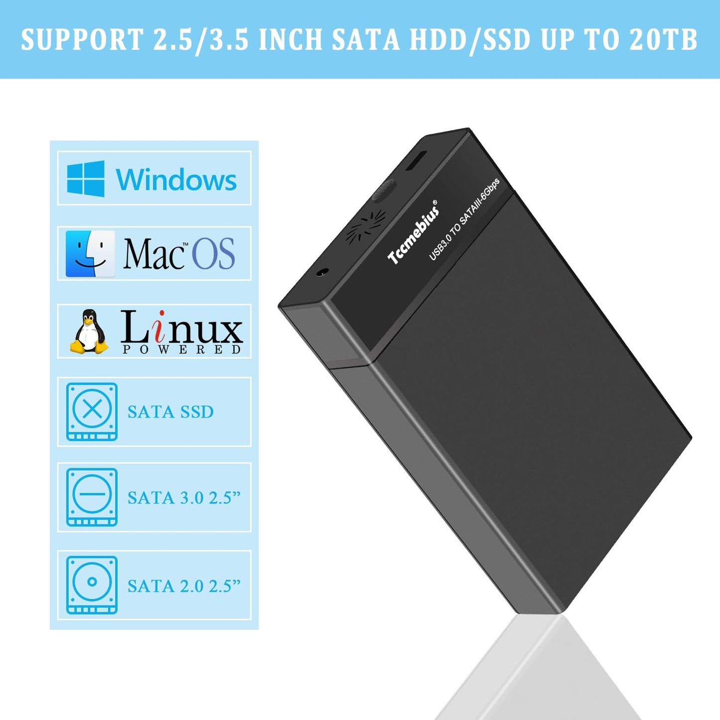 Tccmebius USB 3.0 External Hard Drive Enclosure for 2.5 3.5 Inch SATA I/II/III HDD SSD Up to 20TB, 3.5'' Tool-Free HDD Docking Station, Support UASP