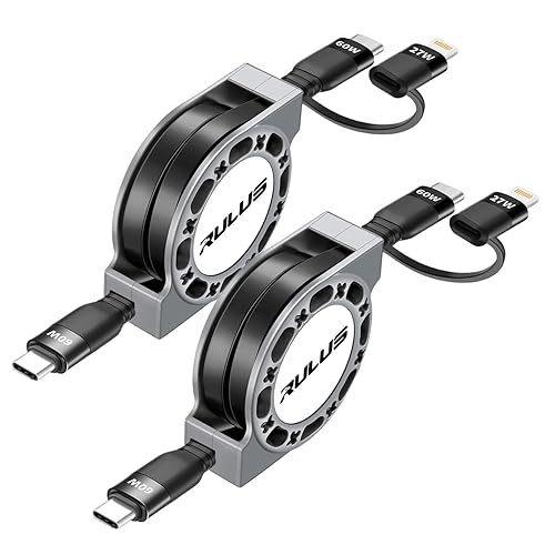RULUS 2 in 1 Retractable USB C Cable 60W, [2Pack,4ft] Retractable USB C to C/Lightning (PD 27W) Fast Charging & Data Sync with IP/Type C Ports