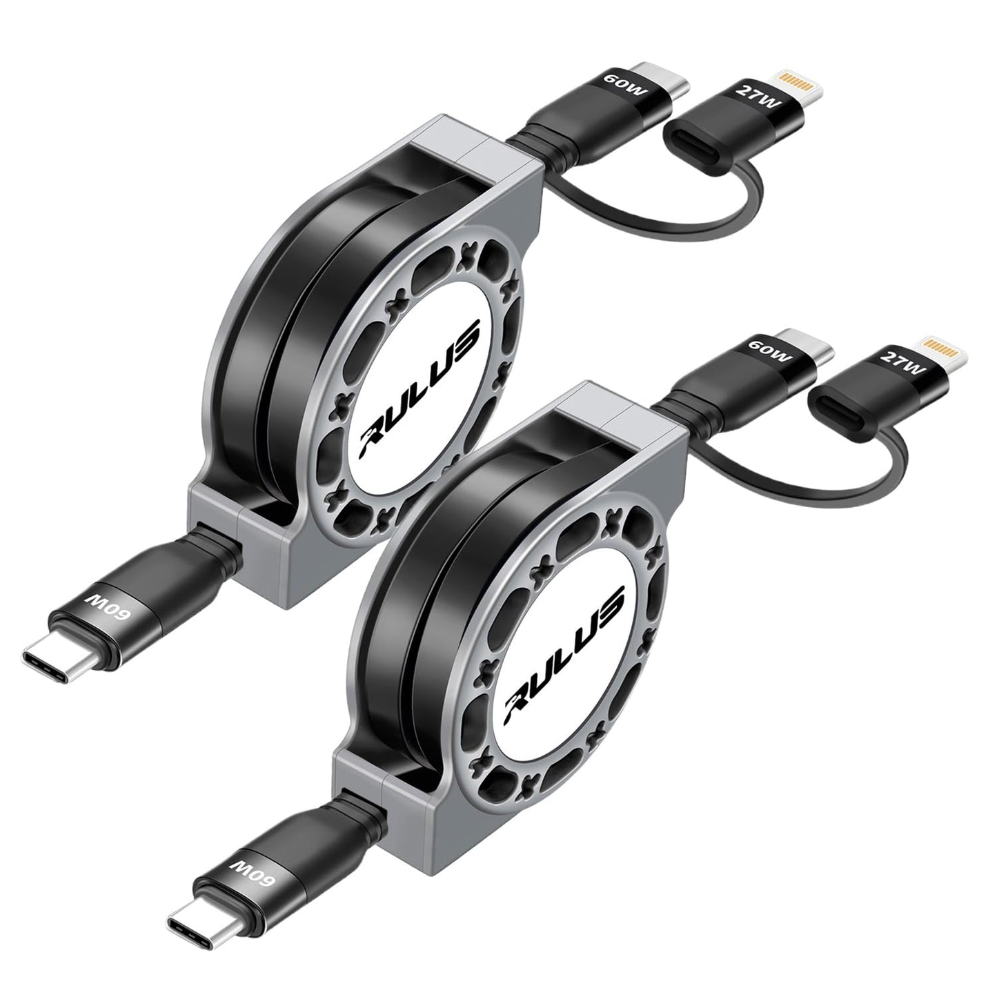 RULUS 2 in 1 Retractable USB C Cable 60W, [2Pack,4ft] Retractable USB C to C/Lightning (PD 27W) Fast Charging & Data Sync with IP/Type C Ports