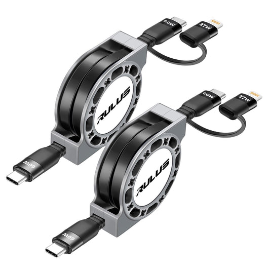 RULUS 2 in 1 Retractable USB C Cable 60W, [2Pack,4ft] Retractable USB C to C/Lightning (PD 27W) Fast Charging & Data Sync with IP/Type C Ports