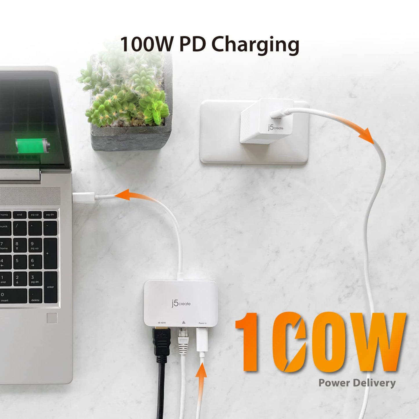 j5create USB Type C to 4K HDMI and Gigabit Ethernet with PD 100W Pass-Through Charging, for MacBook Pro, MacBook Air, Chromebook, Surface Pro, iPad