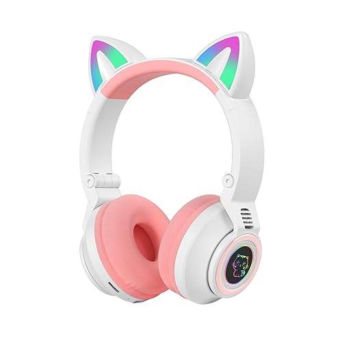 Bluetooth Headphones Girl Kids,Cat Ear LED Light Wireless/Wired Headset,85 dB Volume Limited, Foldable,Built-in Mic,Support FM/Micro SD/TF,for…