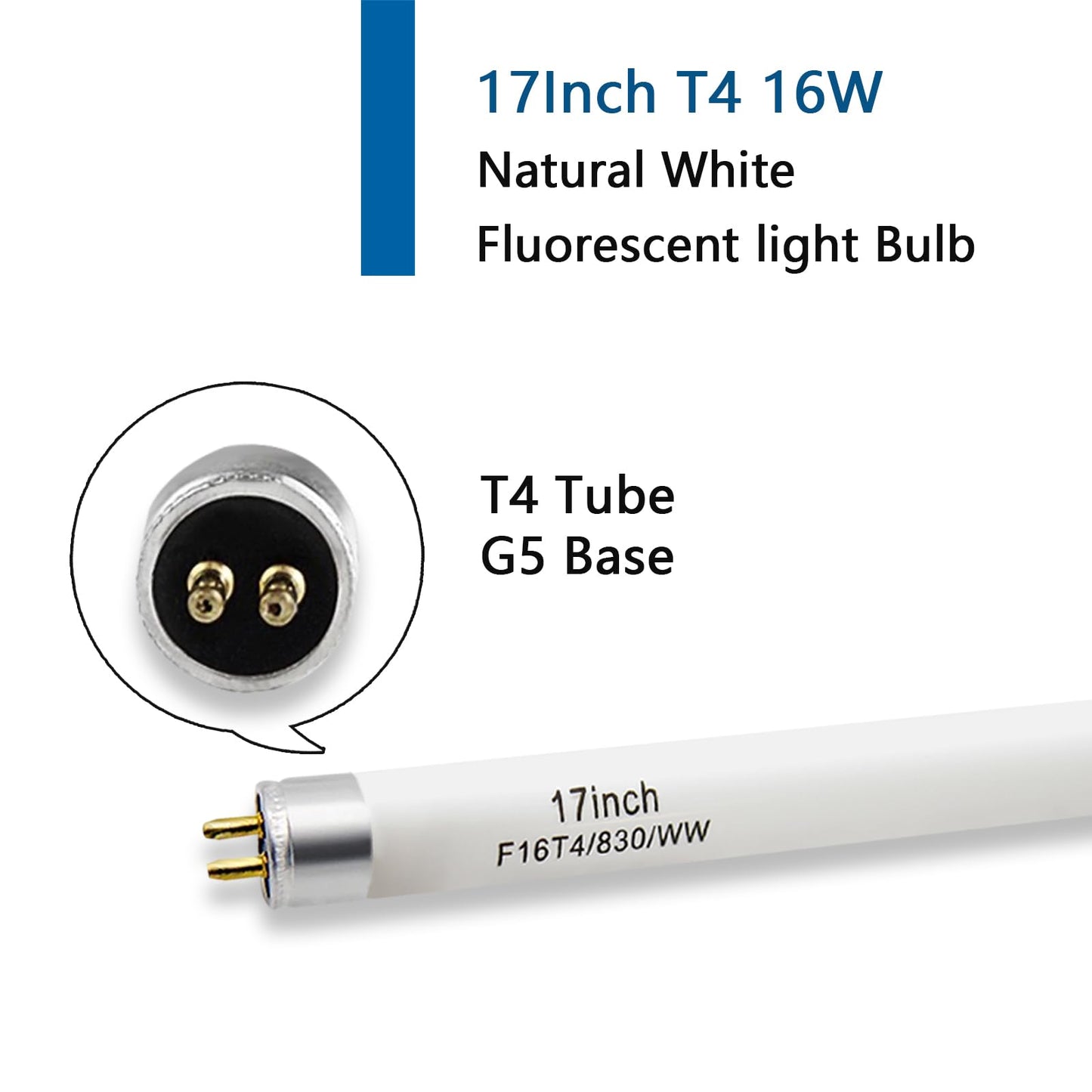 17" T4 16W Fluorescent Light Bulb, F16T4/830 Natural White,G5 Base 3000K