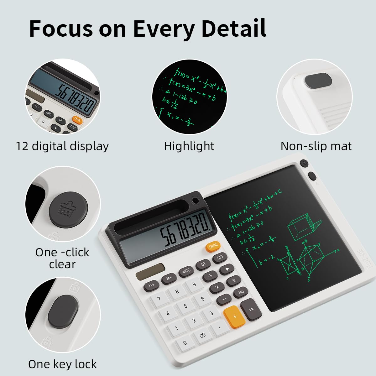 DPEDUAI Solar Desktop Calculator with 7.5 inc LCD Writing Membrane, 15° Tilt for Easy Reading, Integrated Phone Stand, Voice & Silent Modes, Anti-Slip