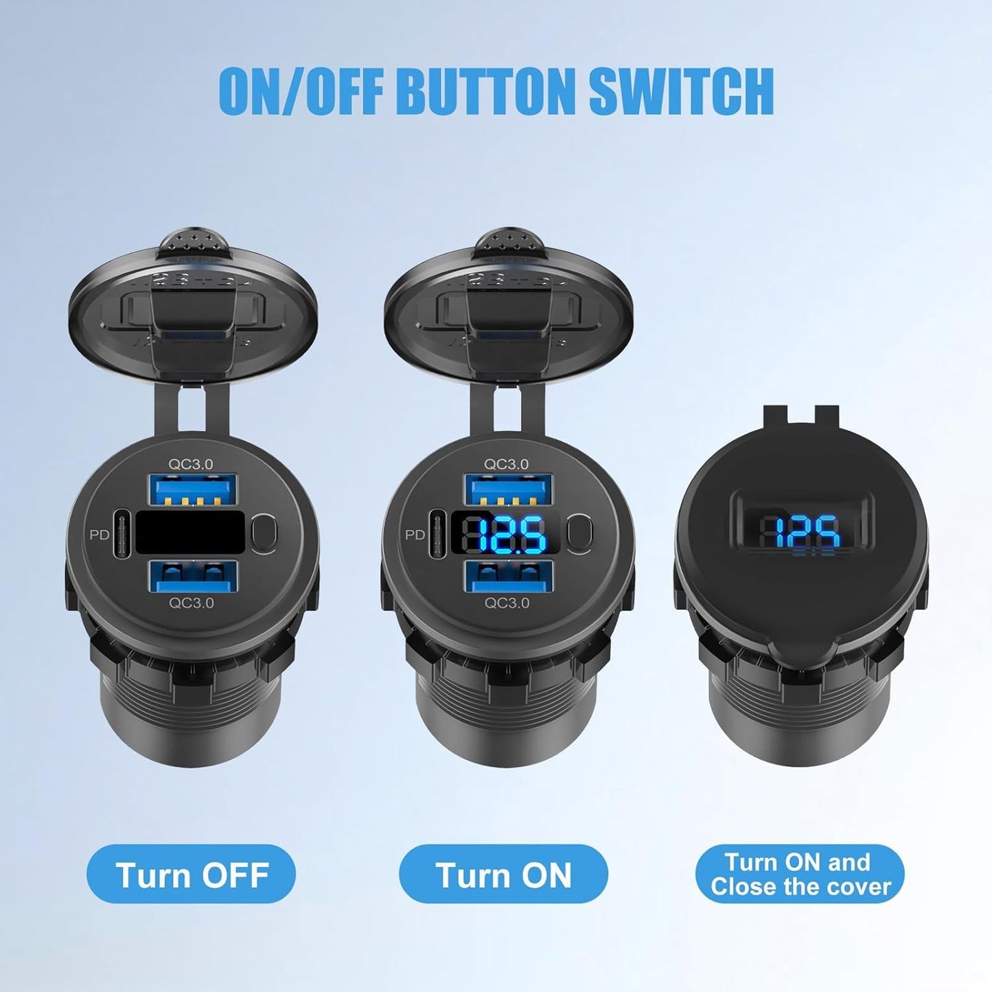 12V USB Dual Port Quick Charge 3.0 and PD3.0 USB-C Car Charger Socket 12V Power Outlet Cigarette Lighter Replacement DIY Kit with Voltage Meter