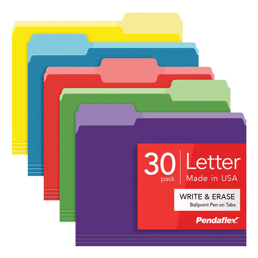 Pendaflex Colored File Folders, 30 Pack, Letter Size (8.5" x 11"), Erase Ballpoint Pen from Tabs, 3 Tabs, 5 Colors: Green, Yellow, Red, Blue, Purple