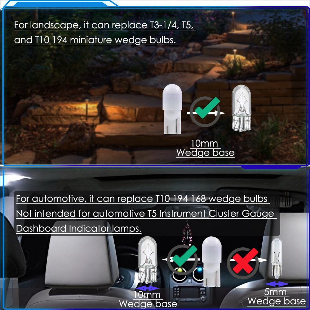 Noobibaba T5 T10 Wedge Base LED Landscape Light Bulb 12VDC 2700K 1W 10-Pack