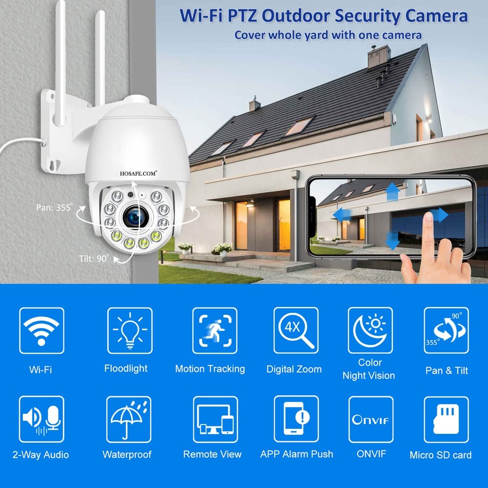 HOSAFE.COM Cameras for Home Security Outdoor WiFi, Plug-in 24/7 Video Surveillance System, Spotlight Color Night Vision, Human Motion Detection, PTZ