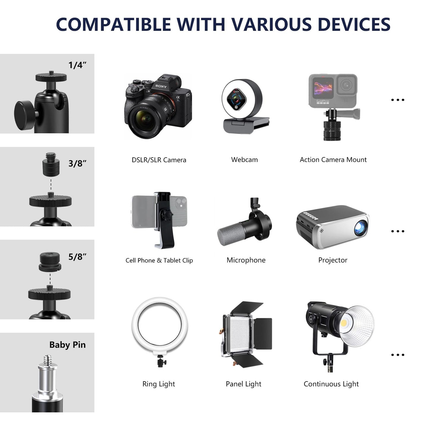 ?All Metal?RAUBAY Desktop Magic Arm, Overhead Camera Desk Mount, Table Light Stand with 1/4“ Ball Head, 3/8" & 5/8" Adapter, C Clamp, Retractable Boom