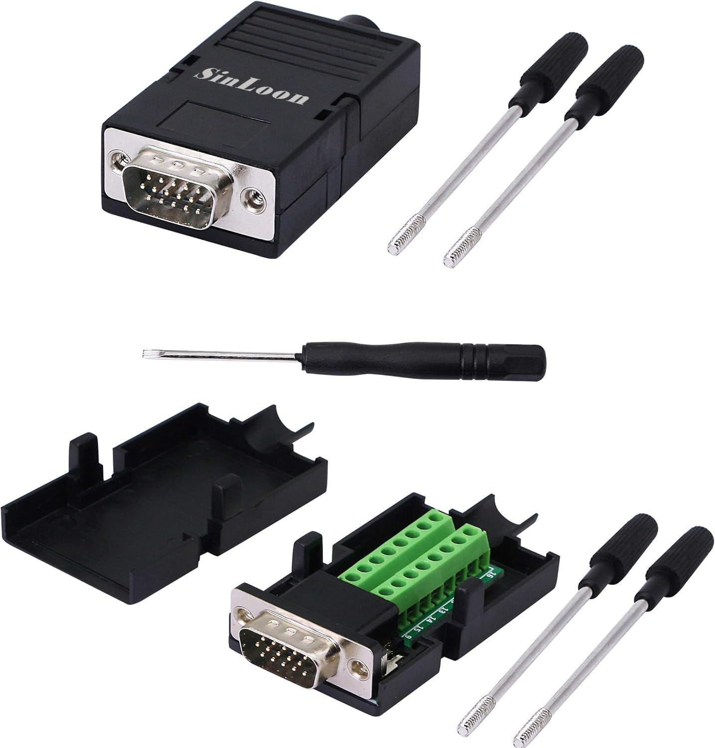 SinLoon VGA DB15 Solderless Connector 3+9 D-SUB 15 Pin VGA 3 Row Breakout Board Adaptor with Case+Screwdriver(2-Pack Male)
