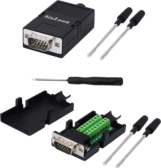 SinLoon VGA DB15 Solderless Connector 3+9 D-SUB 15 Pin VGA 3 Row Breakout Board Adaptor with Case+Screwdriver(2-Pack Male)