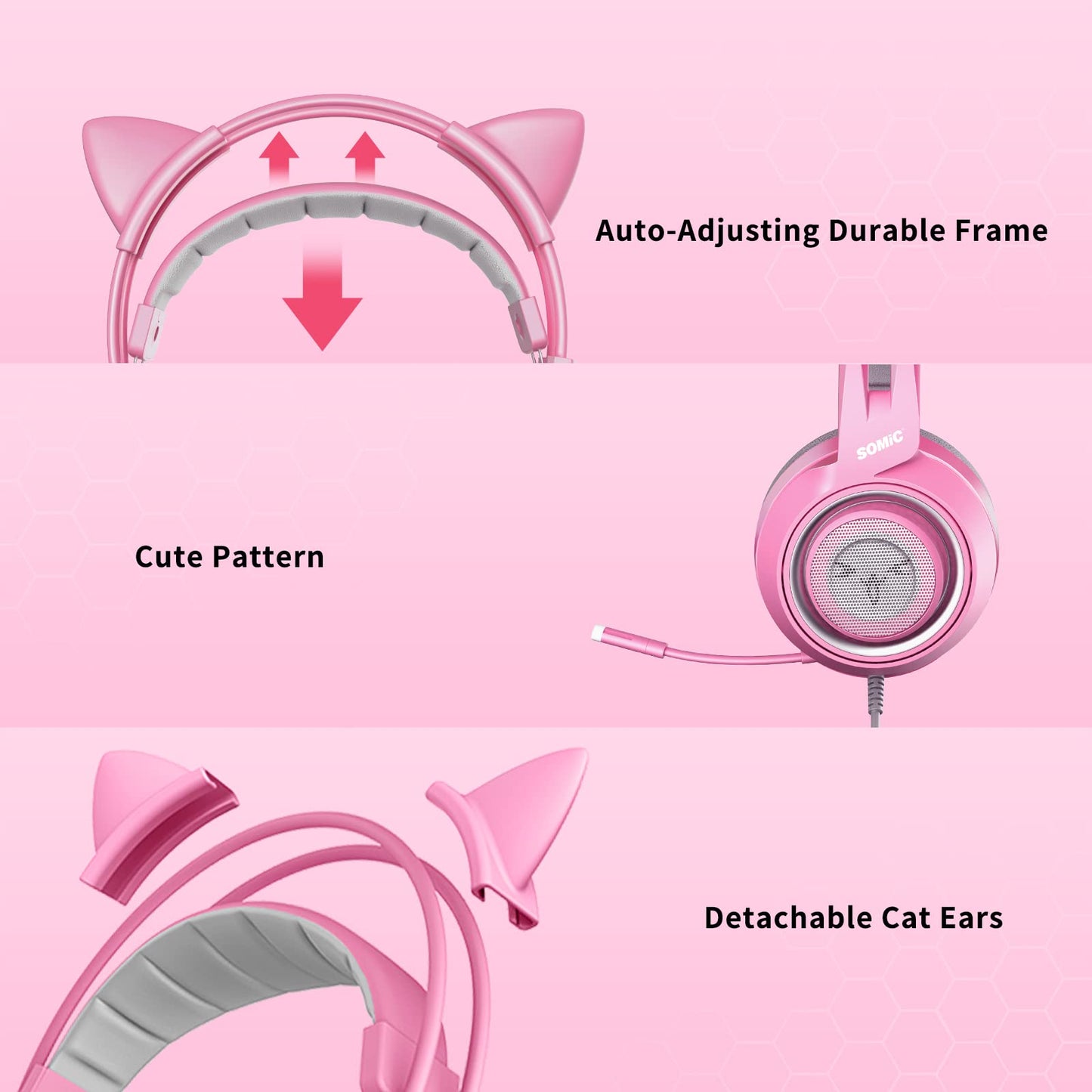 SOMIC G951s Pink Stereo Gaming Headset with Mic for PS4,Xbox,PC,Mobile Phone,3.5mm Noise Reduction Cat Ear Headphones Lightweight Over Ear Headphones