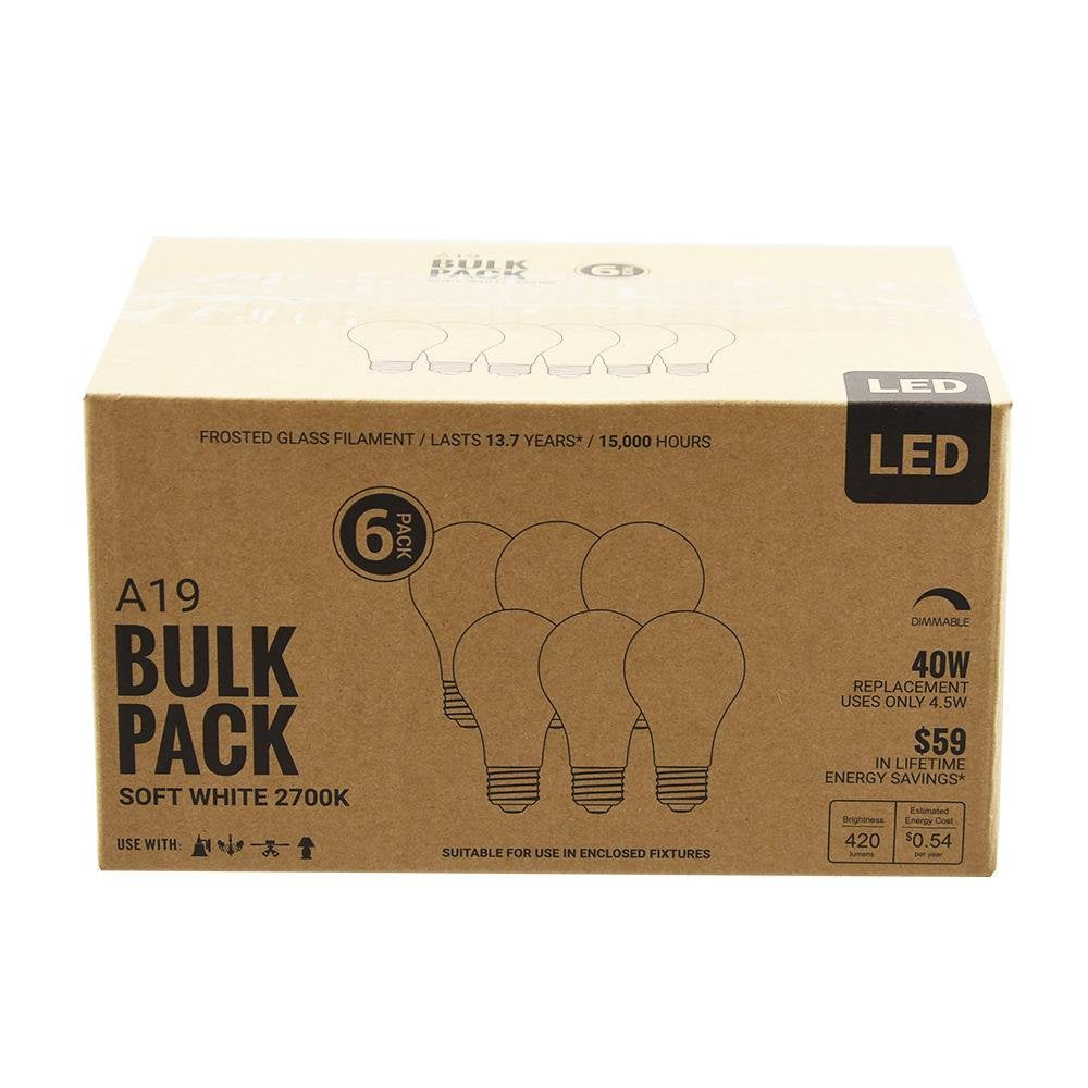 40-Watt Equivalent A19 Frosted Glass Filament Dimmable LED Light Bulb Soft White (6-Pack)