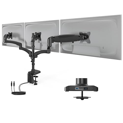 Mount-It! Triple Monitor Mount, 3 Monitor Desk Mount with Gas Spring Arms, Fits 13-32 Inch Screens up to 17.6 lbs per Arm, VESA 75 & 100, Clamp or