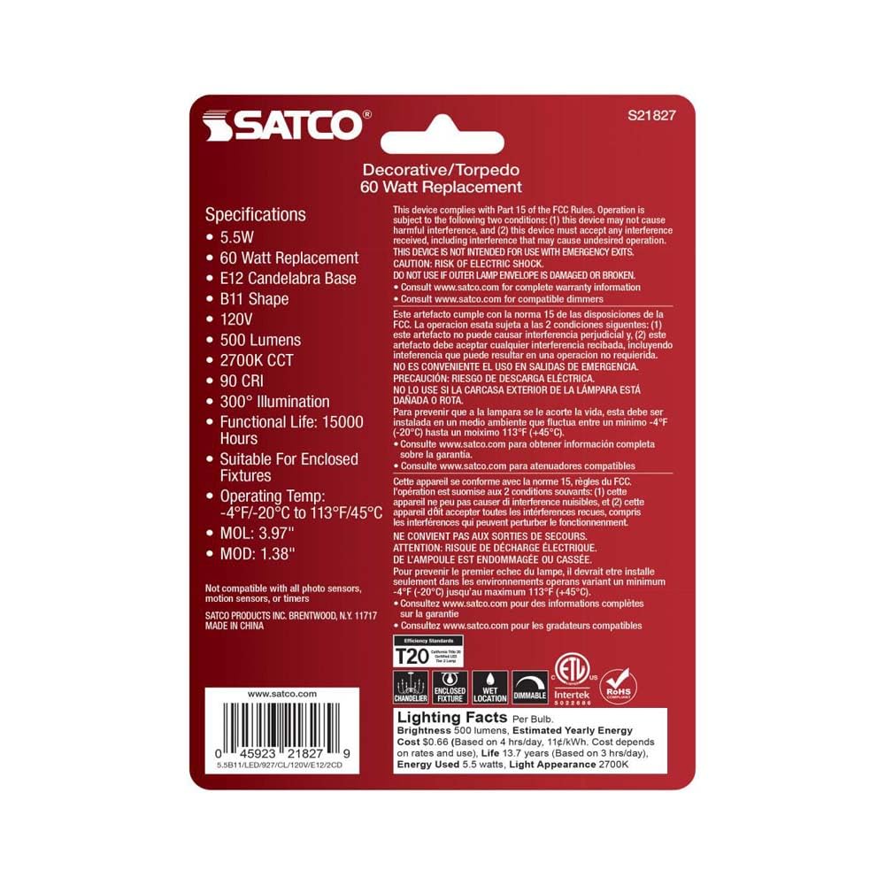 Satco 21827-5.5B11/LED/927/CL/120V/E12/2CD Decorative (S21827) Blunt Tip LED Light Bulb